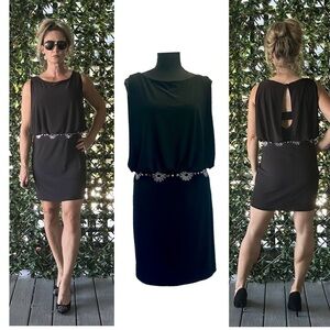 Frank Lyman Design black sleeveless silver beaded studs draped midi dress Sz 8